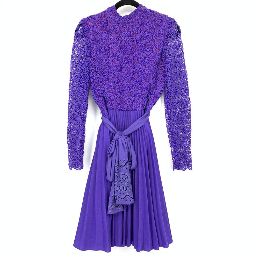 VTG 70s Reds Threads Long Sleeve Lace Belted Dress Womens Apx XS Purple Pleated